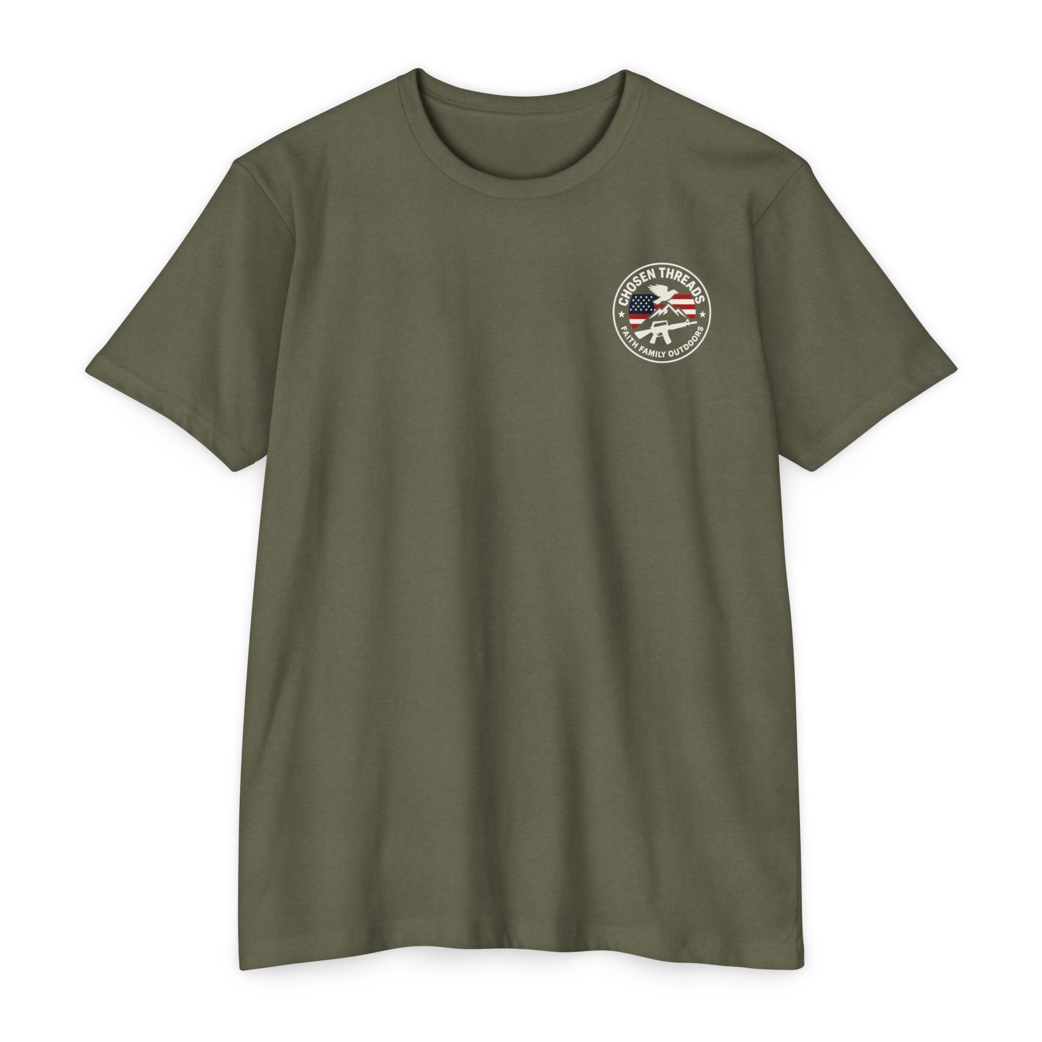 Patriotic Chosen Threads T-Shirt — Faith, Family, Outdoors