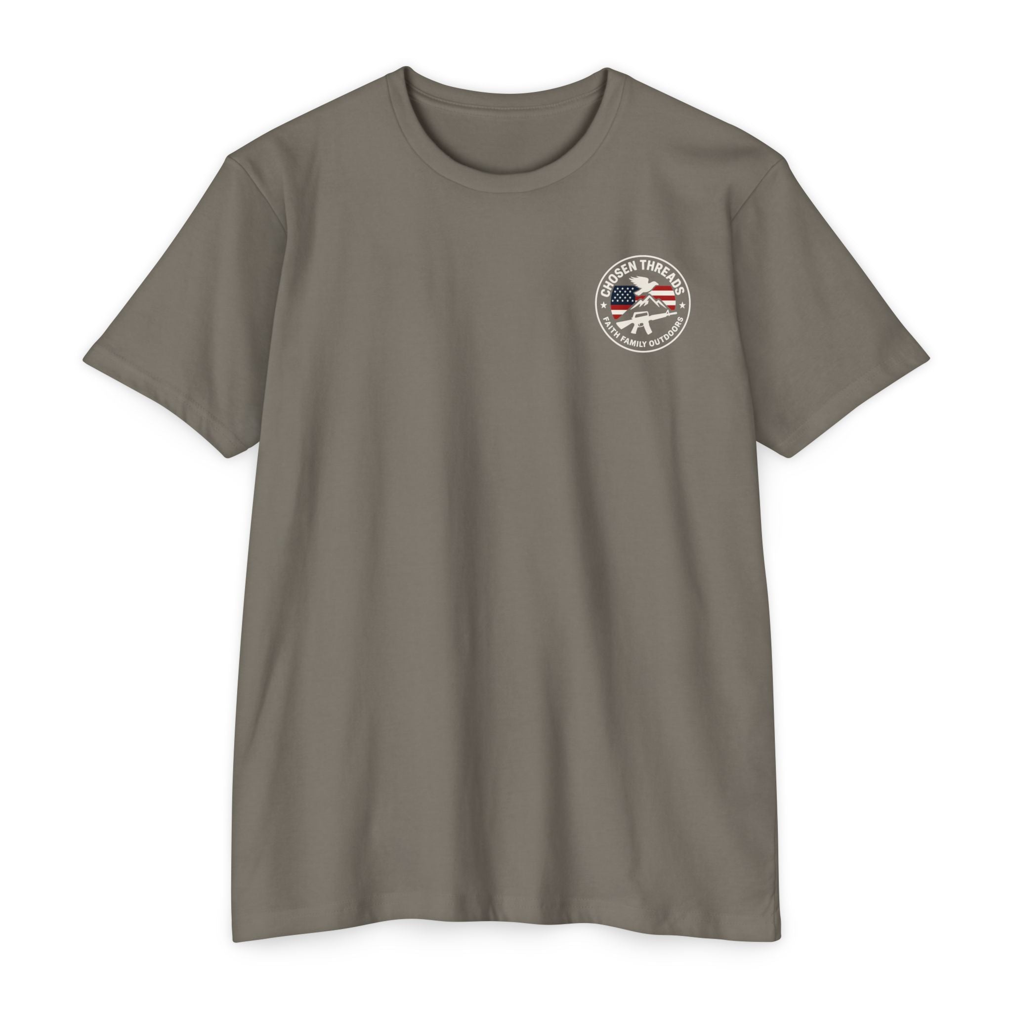 Patriotic Chosen Threads T-Shirt — Faith, Family, Outdoors