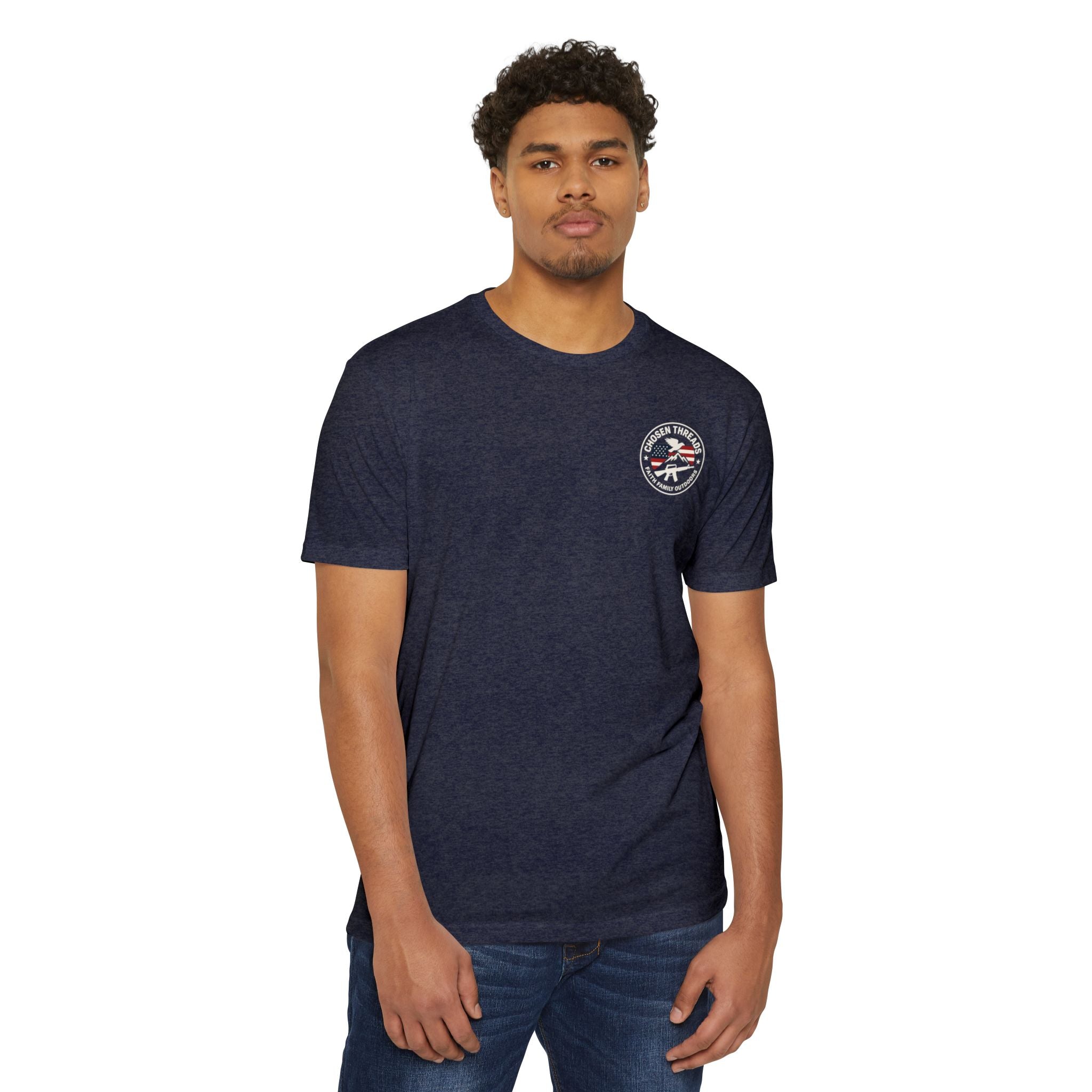 Patriotic Chosen Threads T-Shirt — Faith, Family, Outdoors