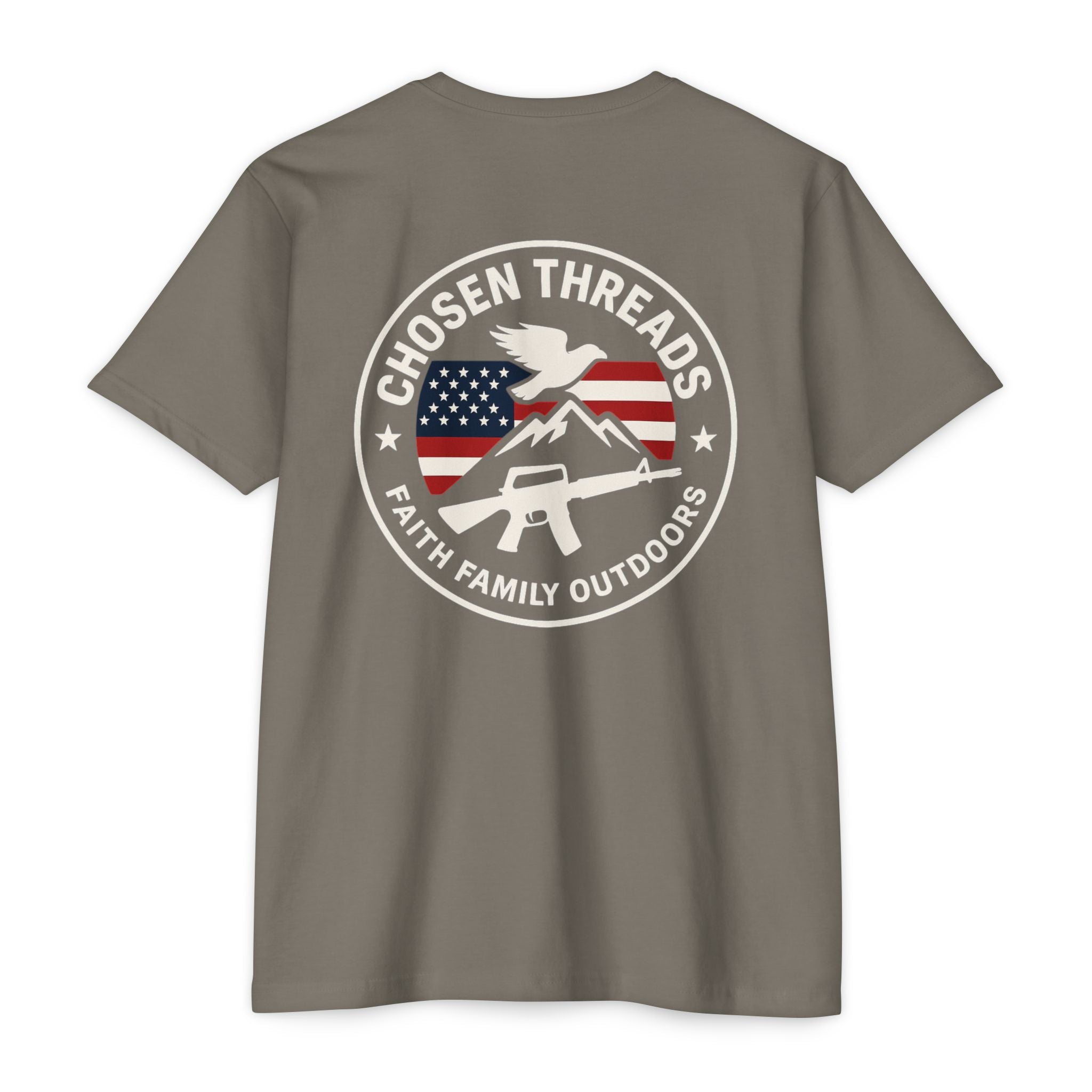 Patriotic Chosen Threads T-Shirt — Faith, Family, Outdoors